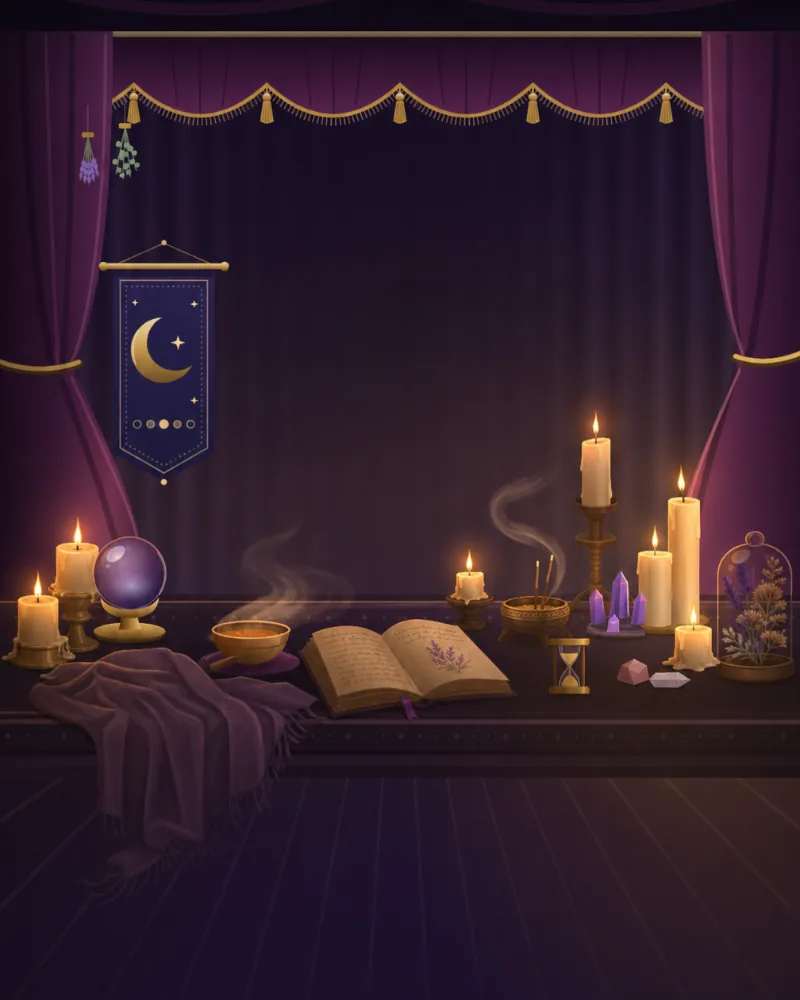 El altar: cortinas, velas encendidas, cristales y una bola de cristal sobre la mesa