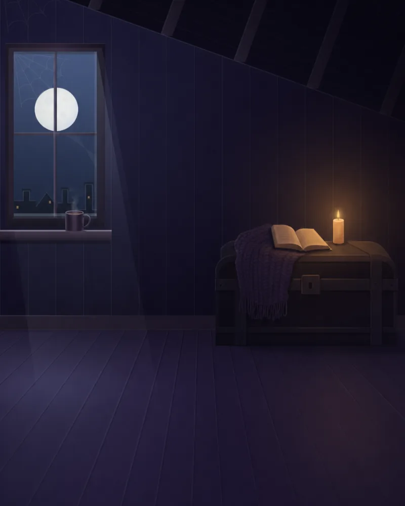 La buhardilla de la luna: la ventana con la luna llena, la vela encendida, una taza humeante y un libro abierto sobre el baúl