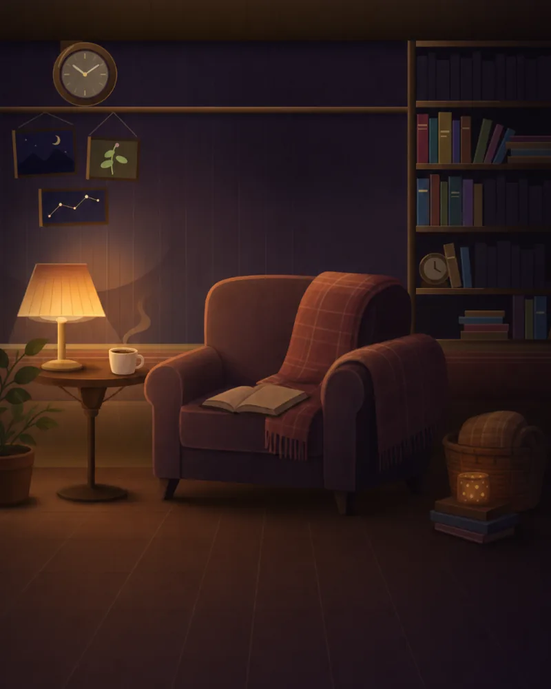 El cuarto de lectura: estanterías llenas, una lámpara encendida, una taza y un libro abierto